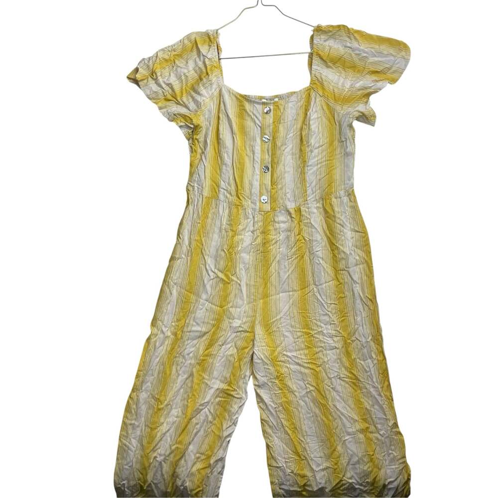 Luxology Women’s XL Yellow White Striped Wide Leg Jumpsuit Puff Sleeve NWT